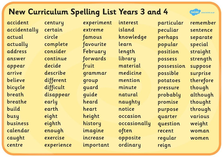 Spelling Word List For Year 3 And 4