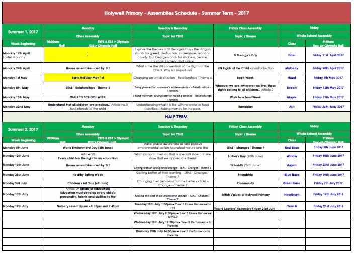 Holywell Primary School Assemblies Schedule