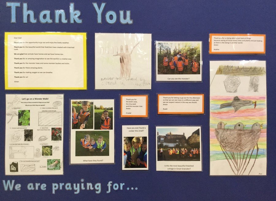 This is our display of the prayers of thanks and artwork inspired by our wonder walk.