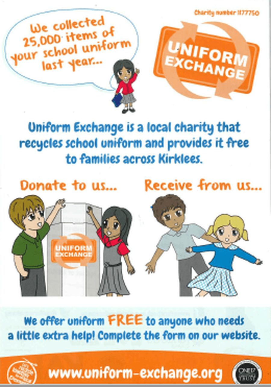 Click on the link to take you to the Uniform Exhange Website.  This is a great way to recyle.  You can also donate to this service using the recyle box in the main entrance.