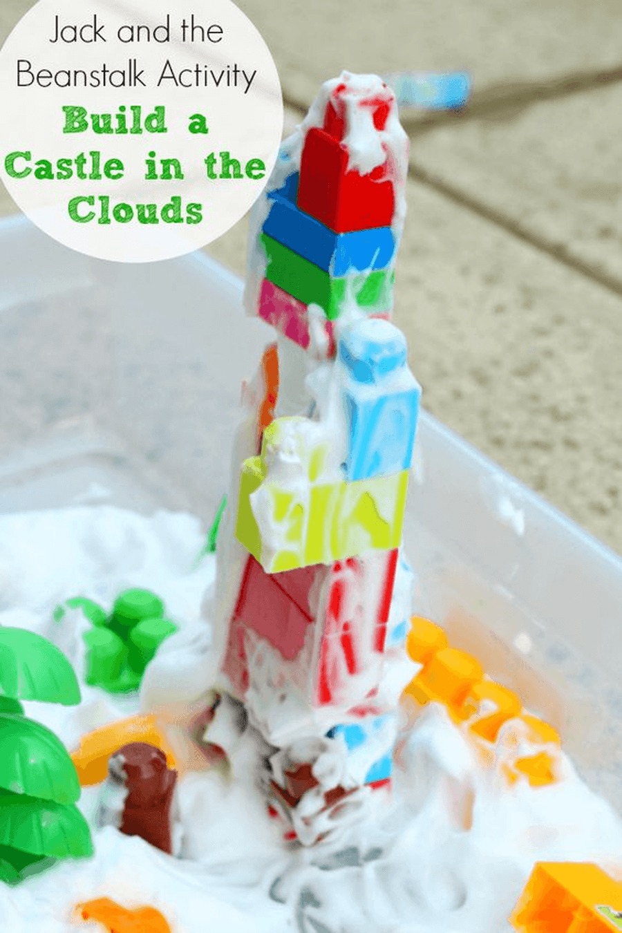 Build a castle for the giant to live in in the sky using some of your bricks. You could add shaving foam or washing up bubbles for the clouds, 'Fee fi fo fum is that someone in nursery I can smell!'. 