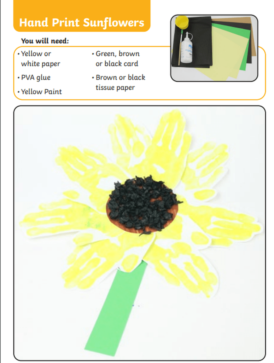 Make a picture of a sunflower using paints, pens or crayons. This sunflower has been made using hand prints for the petals and black paper for the seeds. What could you choose to use to make your sunflower?