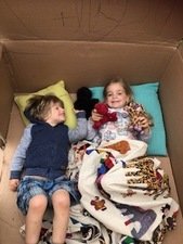 Oscar 3, Ruby 5, cardboard box den <br>and mark making - hours of fun!