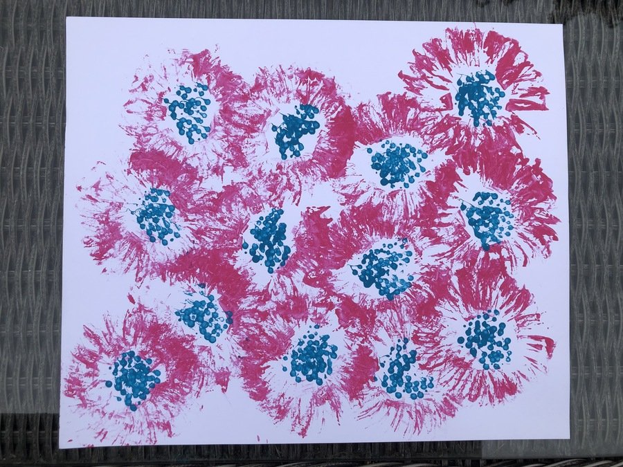Pink flowers using smaller petal stamp and cotton buds for the middle