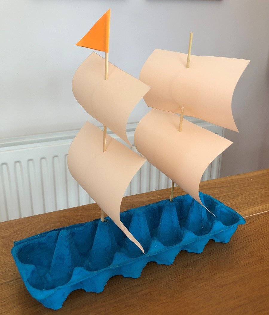 Blue egg box sailing ship with two lots of sails