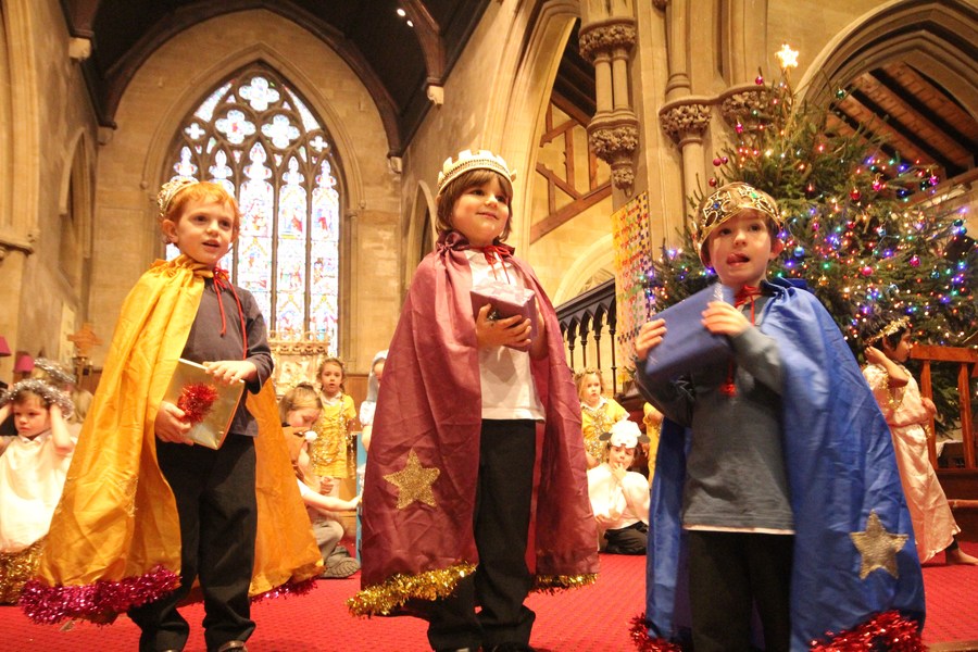 In the East three Wise men saw a bright star in the sky. They followed the star to the stable where they gave gifts of gold, frankincense and myrrh.