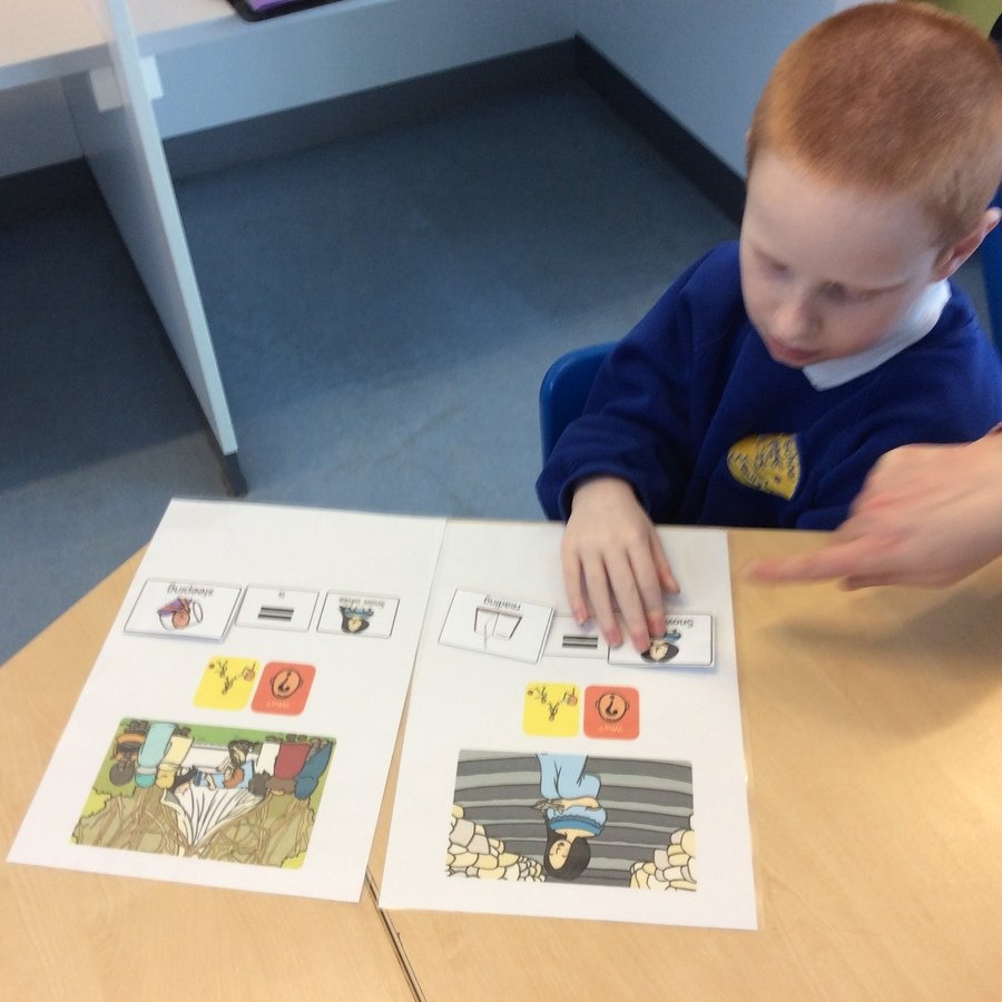 L is a Year 3 pupil who used colourful semantics to help him to read a sentence about Snow White.