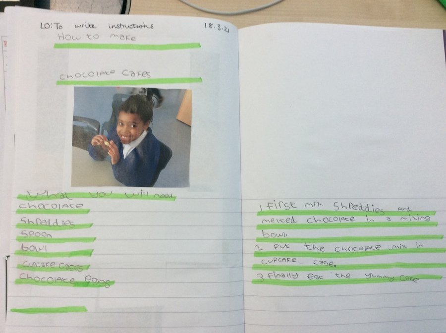 Year 4- Pathway 3- Writing- A wrote instructions for how to make chocolate cakes with minimal support. Excellent writing! 