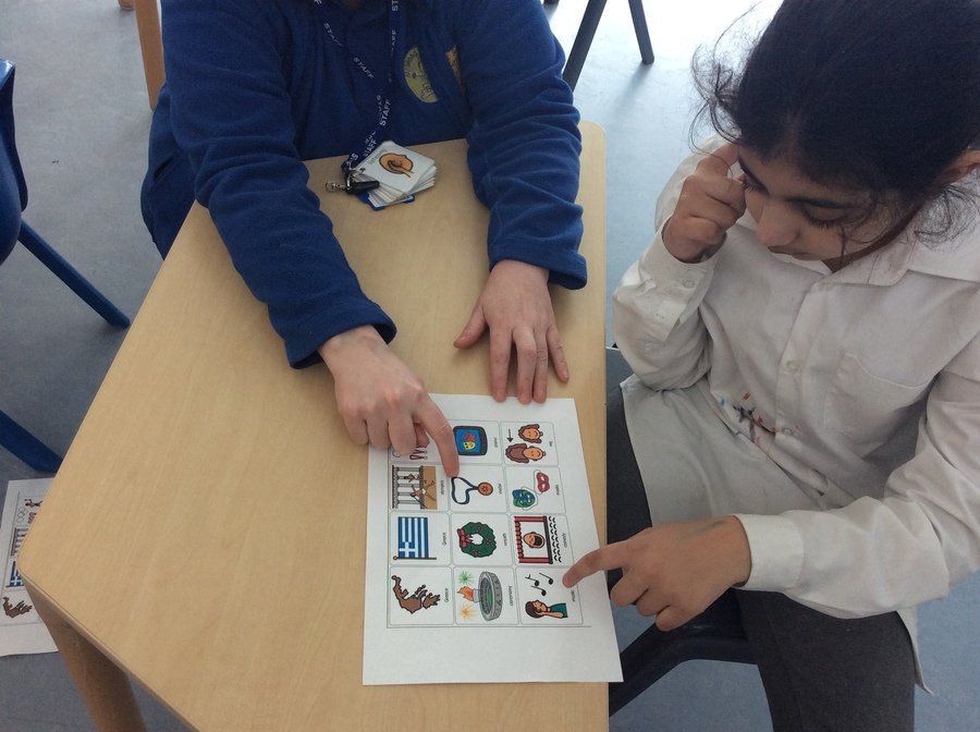 U Year 3 Pathway 2 using her communication board in History while we were looking at the Ancient Greeks and the Olympic Games. Excellent work U!