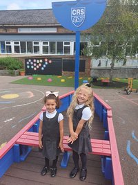 Grey pinafore/skirt with white/blue polo shirt and black shoes/trainers.