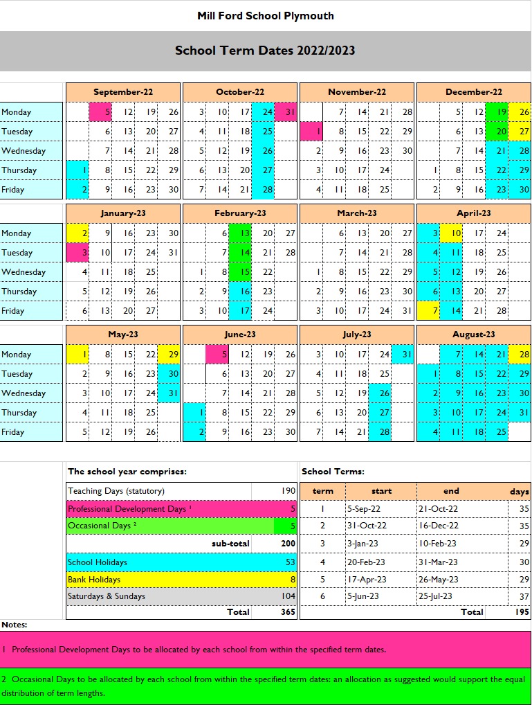 Mill Ford School - Term Dates and Opening Times