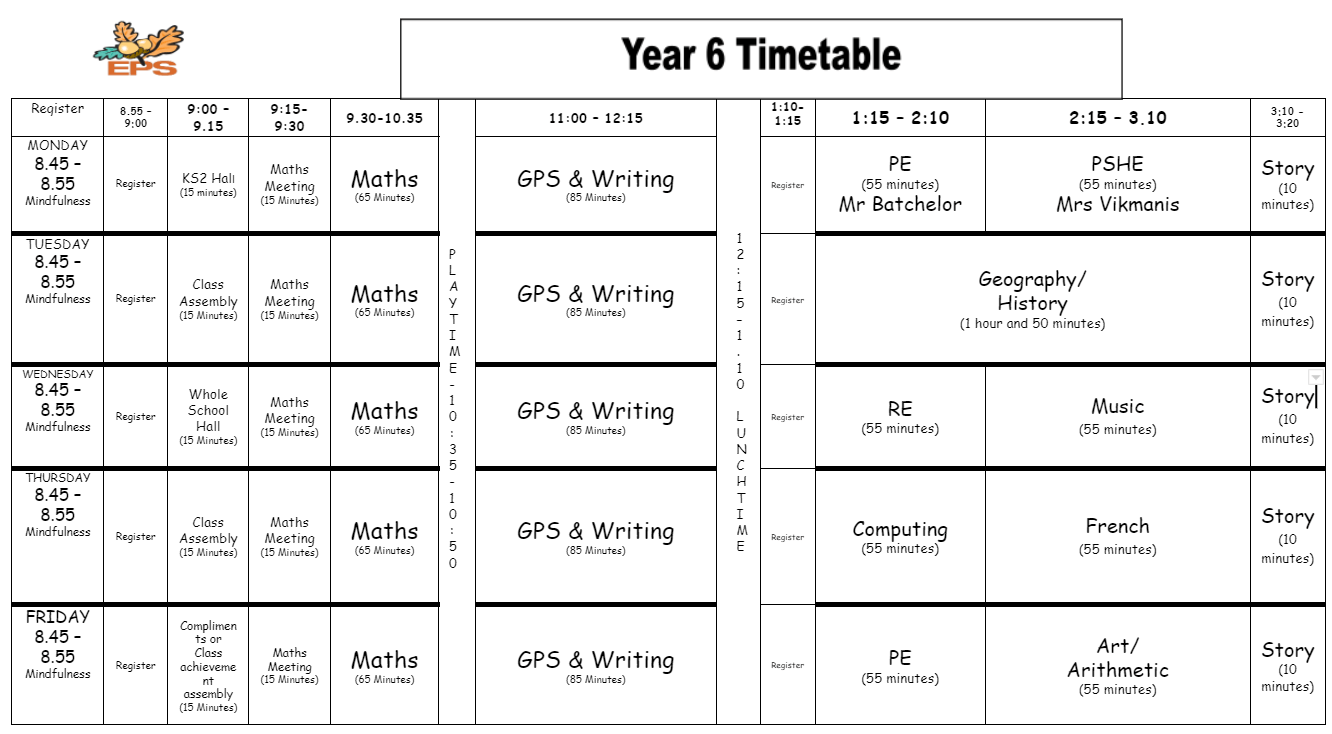 Year 6 Timetable