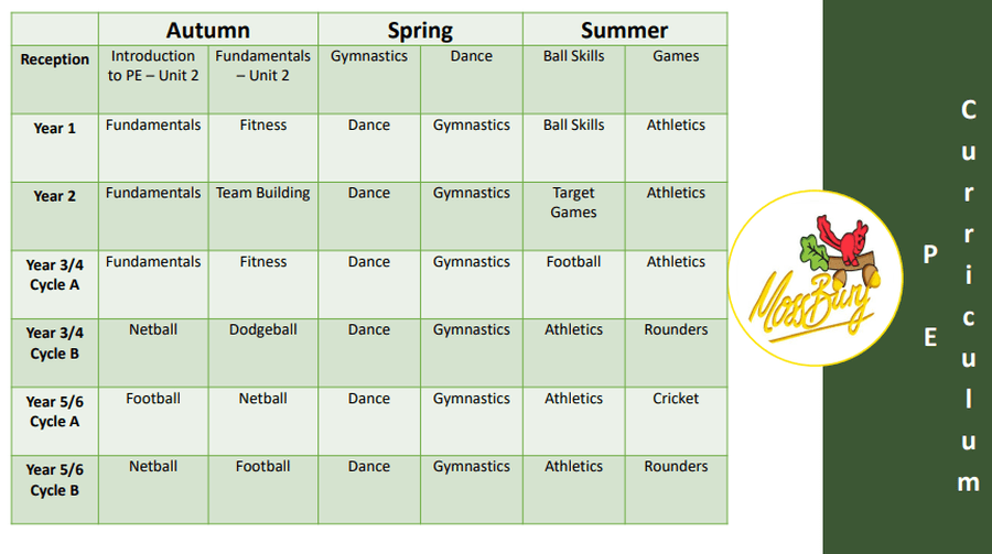 Click here to download the full content of our PE Curriculum.