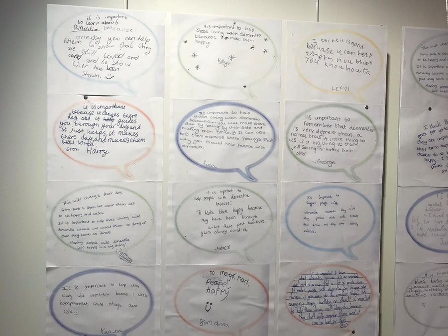 Zoom in to read our children's thoughts of why it is so important to learn about Dementia - A display shown at EFD Museum in Waltham Abbey 2022, as part of Georgie Meadows 'stitched drawing' exhibition (of people with Dementia). 