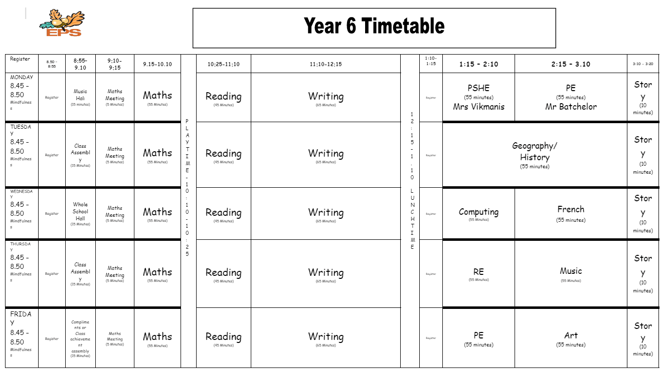 Year 6 - Class Timetable