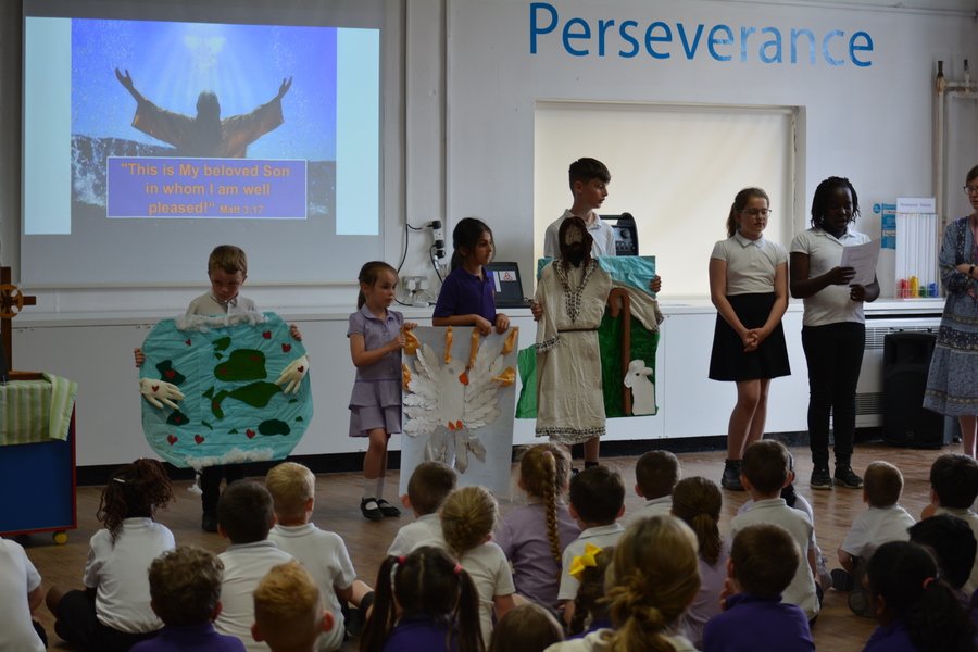 Our Pupil Worship Leaders Leading Collective Worship on the Theme of  The Holy Trinity.