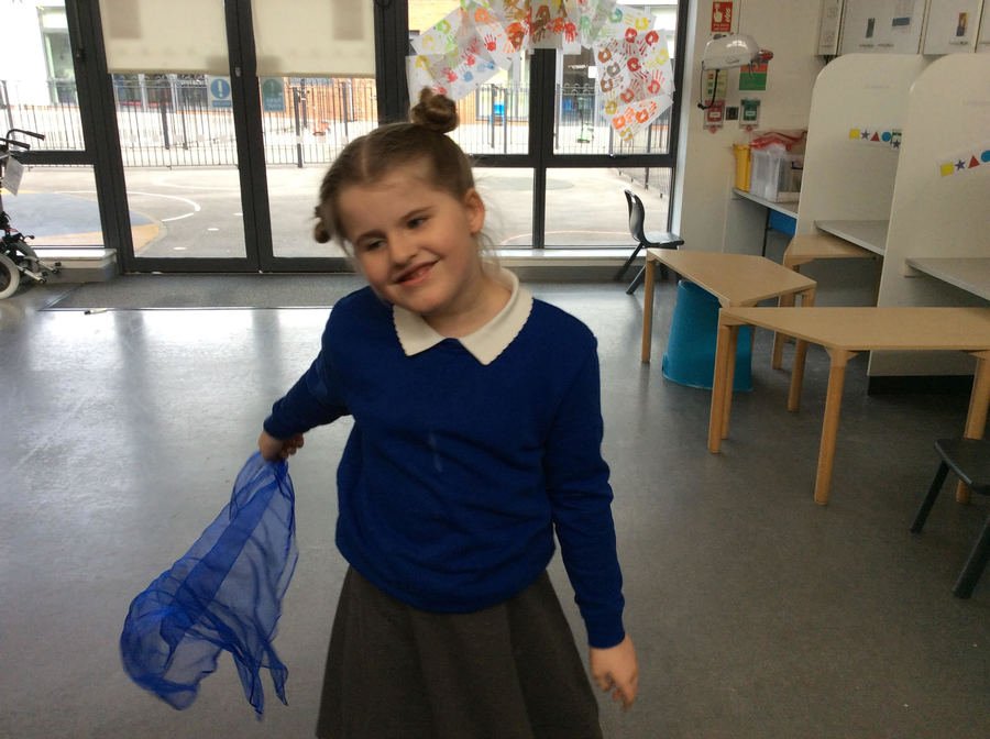 I, Year 3, Pathway 2. I really enjoyed dancing with her scarf during our Mary Poppins PE dance lesson, she made large and small circles, flew her scarf up high and flew it low. Brilliant dancing I!