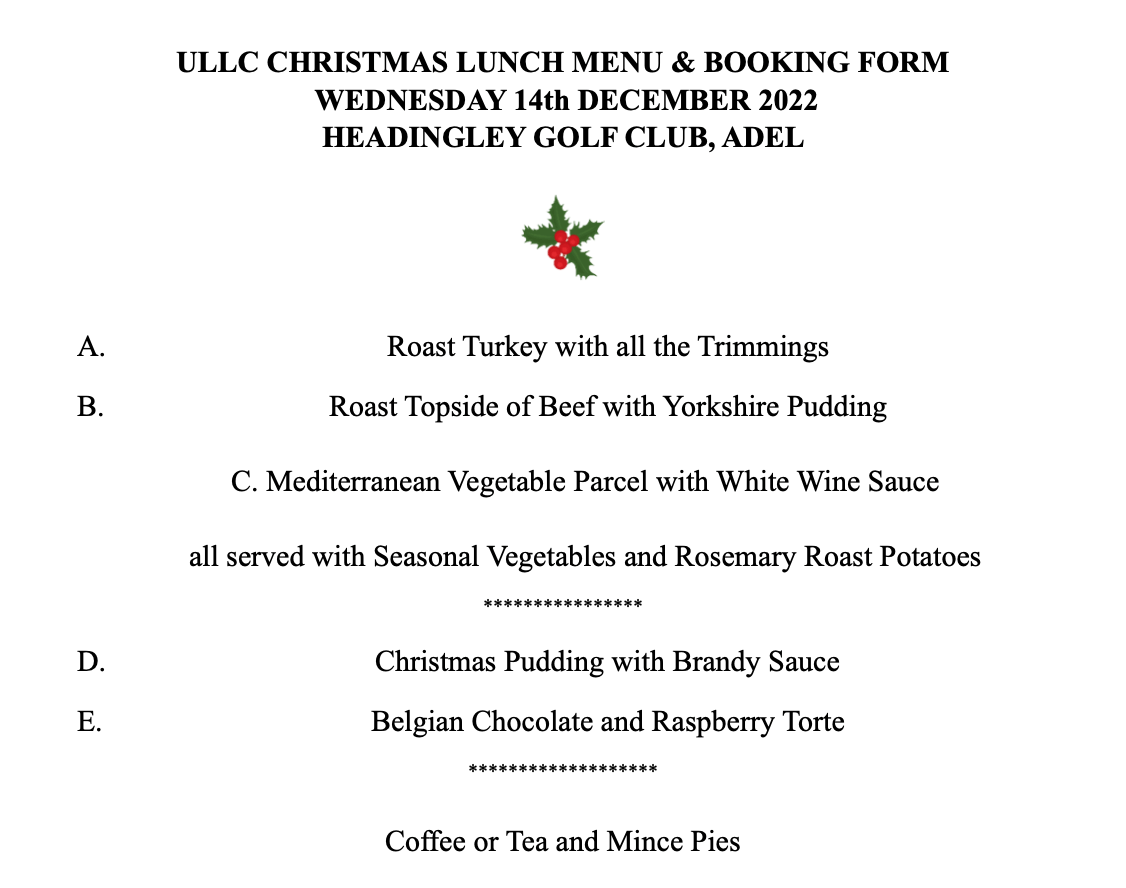 menu choices 2022 Xmas lunch