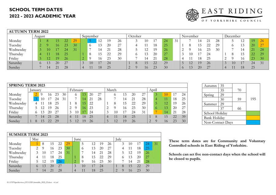 Driffield Junior School Term Dates Diary