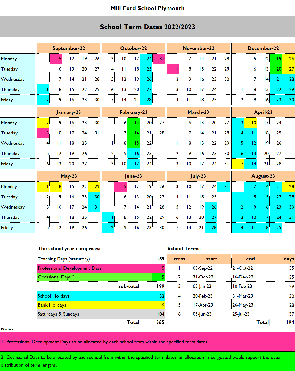 Mill Ford School - Term Dates and Opening Times