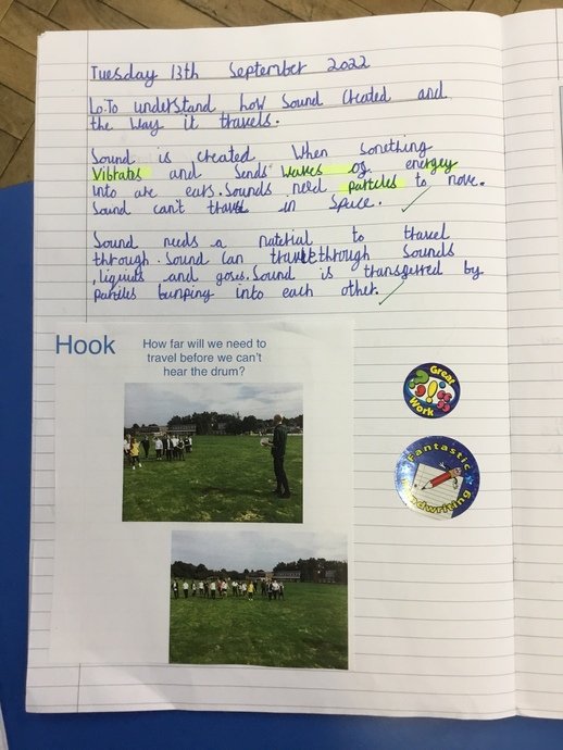 Here, children enjoyed investigating the relationship
between sound and distance by going outside with a drum and sound meter!