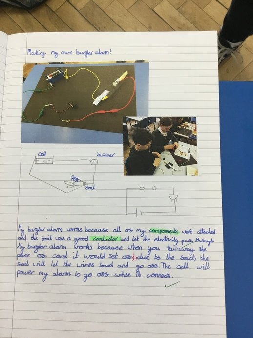 Children were challenged with creating their own burglar
alarms using their knowledge of electrical circuits and a variety of equipment.
This lesson was great fun and very noisy with the motors and buzzers!  