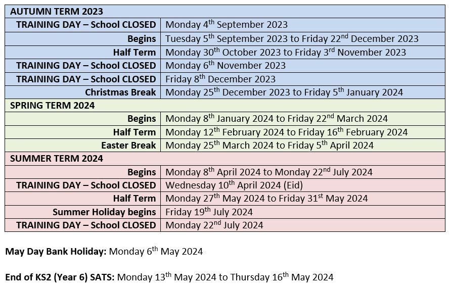 Staincliffe CE Junior School Holiday dates