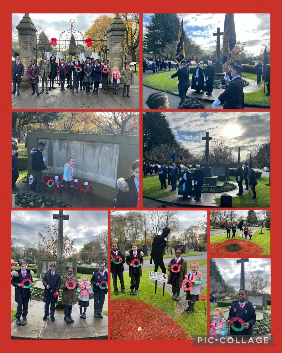 Remembrance service at Gorton cemetery. School elected pupils from KS2 attended the service. All children also participated in a minutes silence today. 10/11/2023