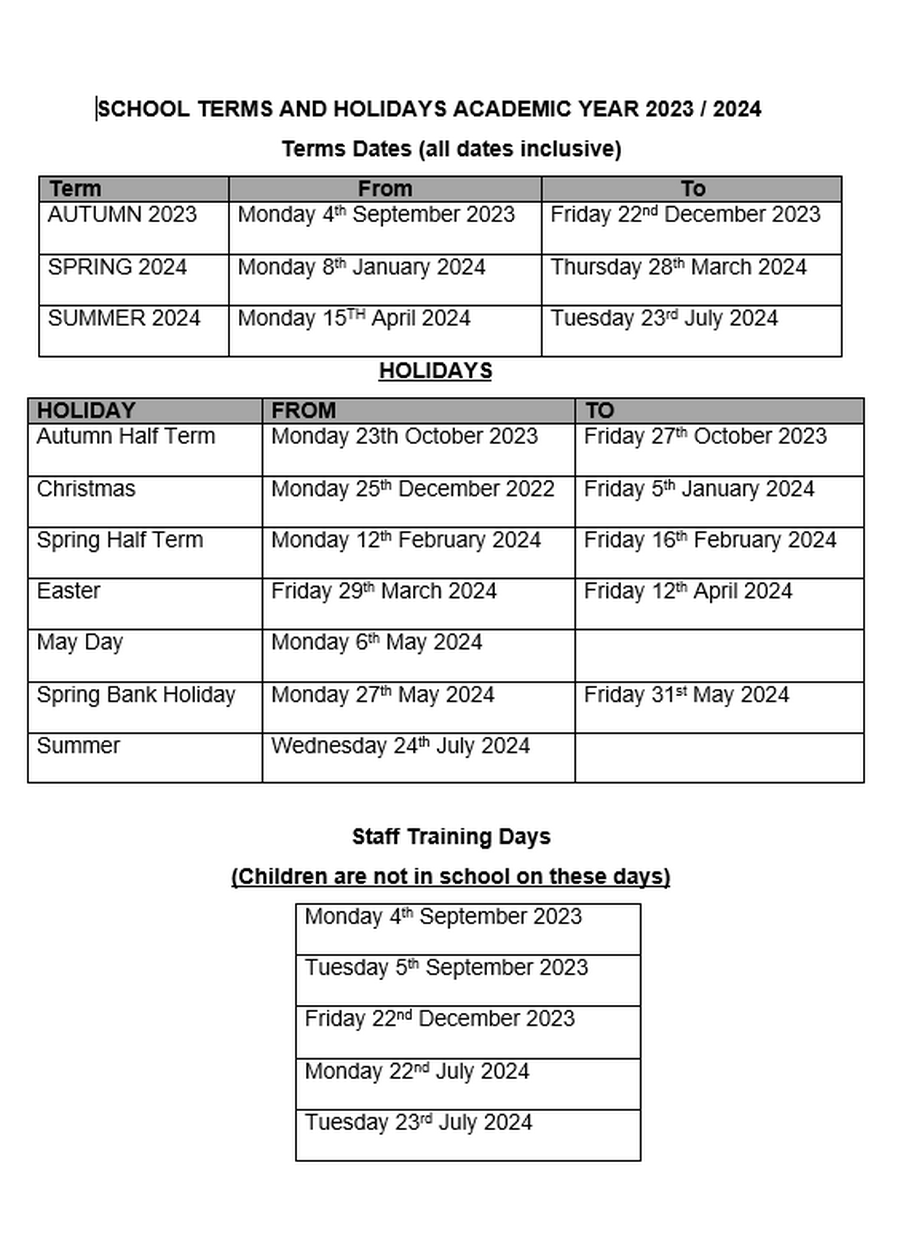 Arbourthorne Community Primary School Term Dates 2023 / 2024