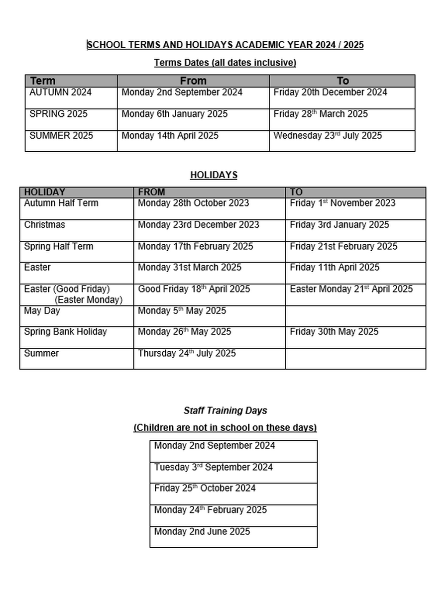 Arbourthorne Community Primary School Term dates 20242025