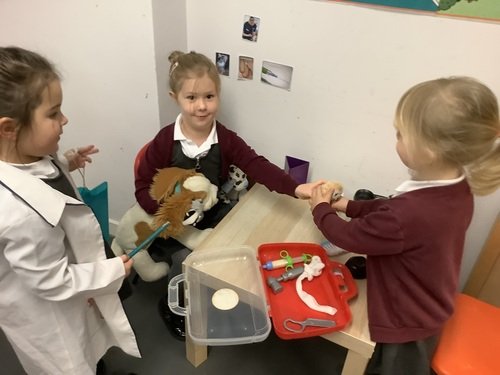 Reception develop language skills by playing vets in the role play area.