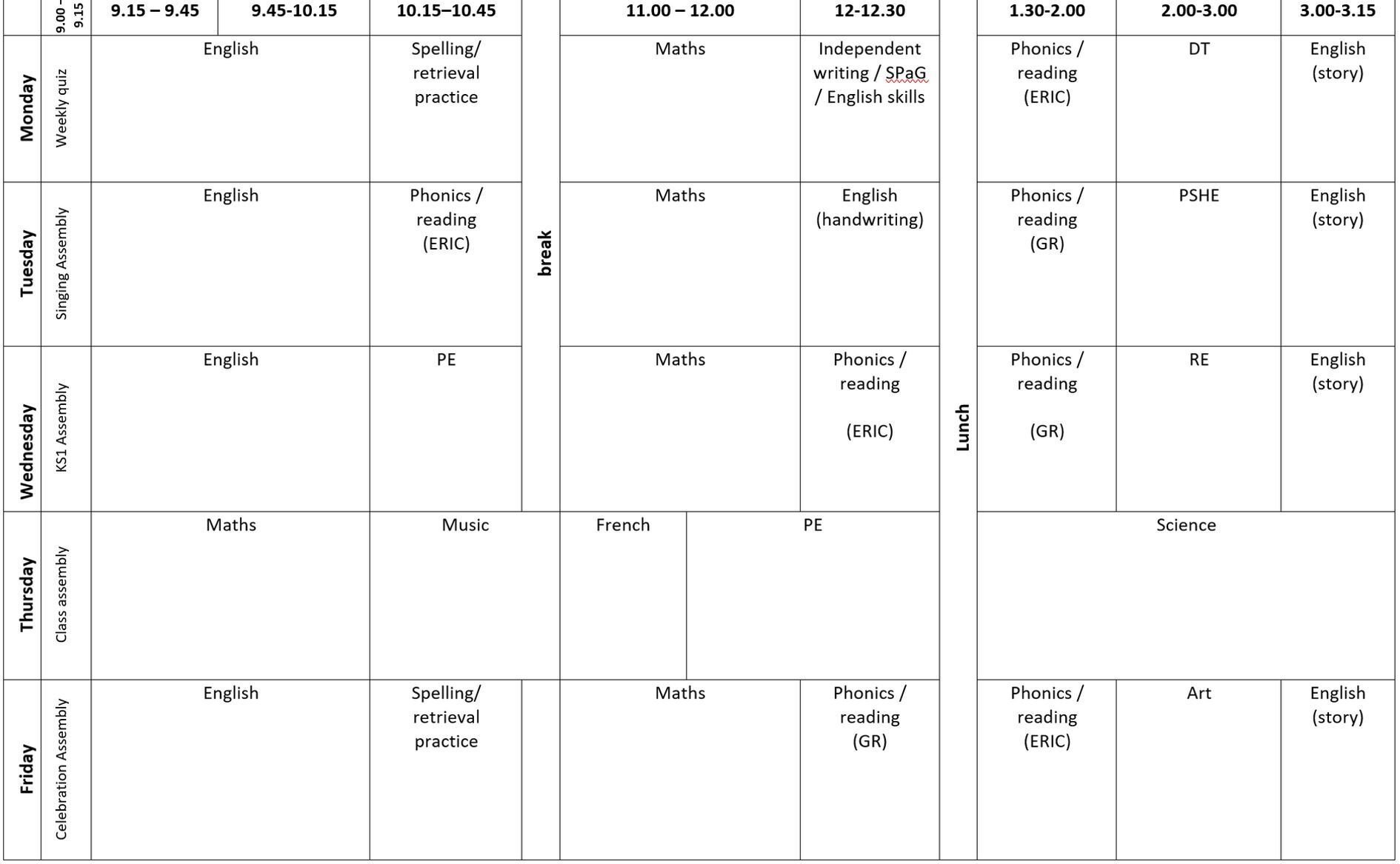 Year 2 Spring Term Timetable