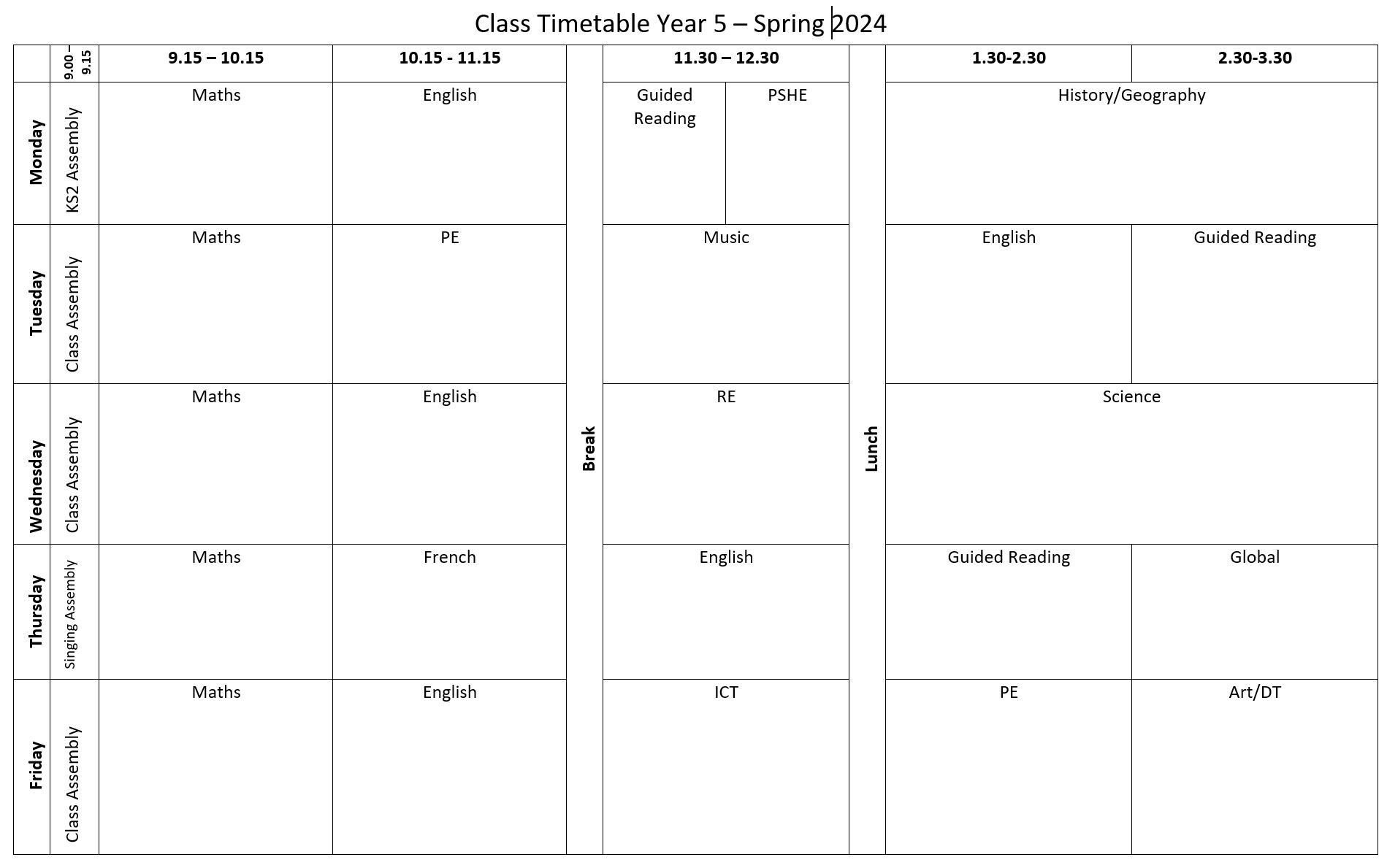 Year 5 Spring Term Timetable