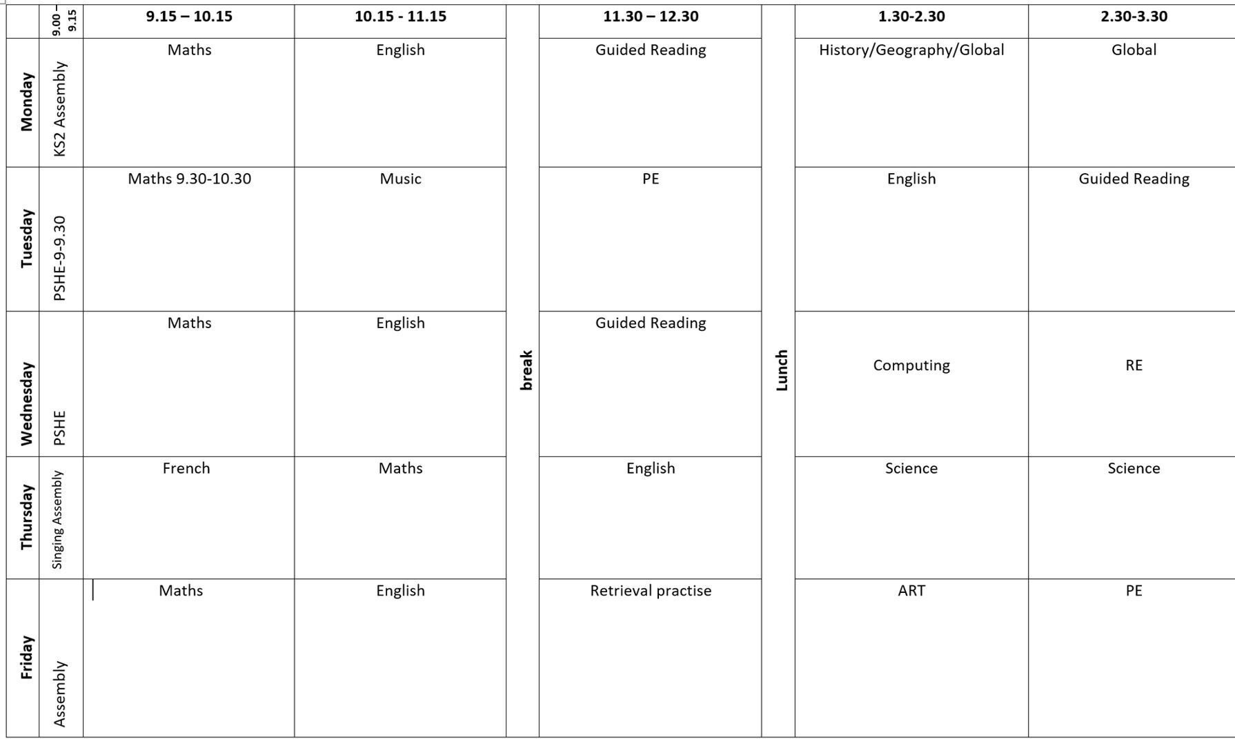 Year 6 Spring Timetable 2024