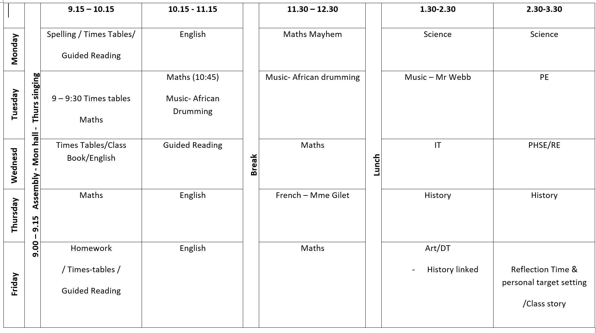 Year 4 Spring Timetable 2024