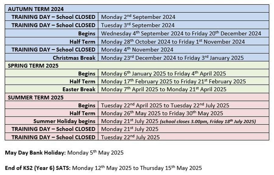 Staincliffe CE Junior School Holiday dates
