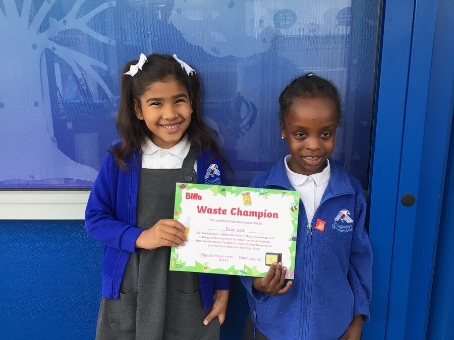 Biffa kindly visited us to deliver a ' no time to waste workshop '. They taught us all about the 3 R's, reduce, reuse and recycle. They gave us all a certificate and badge which we are so grateful for. Well done to year one, who are now all waste champions!