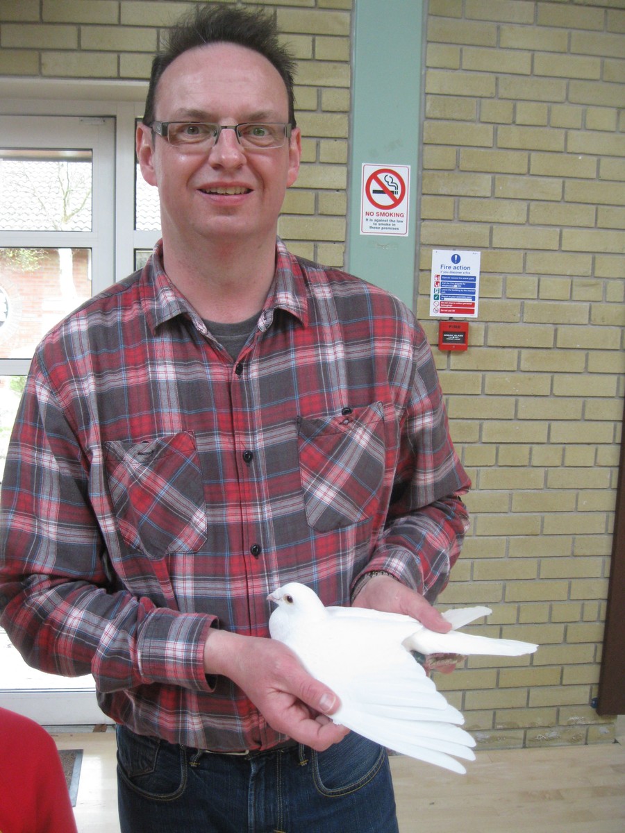 Joe shows how content the pigeon is sitting in his hands.