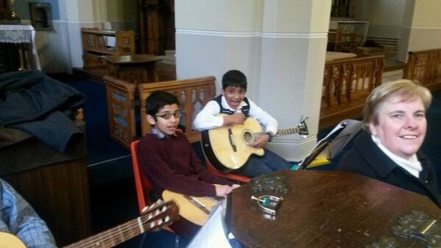 Every month, we have a Parish Youth Mass.  Pupils, past pupils, staff and parents all contribute to the music and liturgy for the mass.  Gilbert is very excited about playing at today's mass!