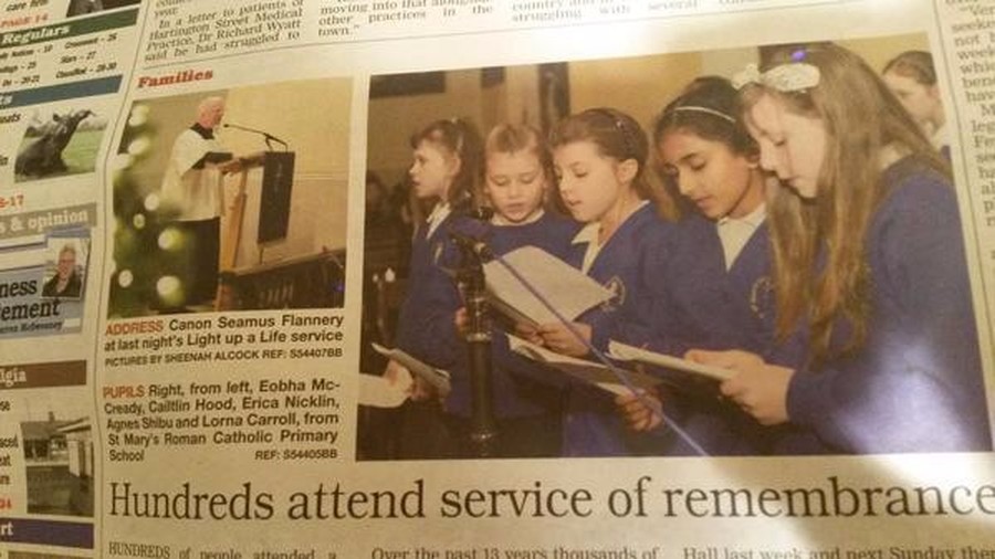 The choir sang at the St. Mary's Hospice 'Light up a Life' service on 8th December 2014.  The service is an opportunity for the families of people who have spent time in the hospice, to remember them and celebrate their lives.  Each person remembered was represented by a special light on the Christmas tree.