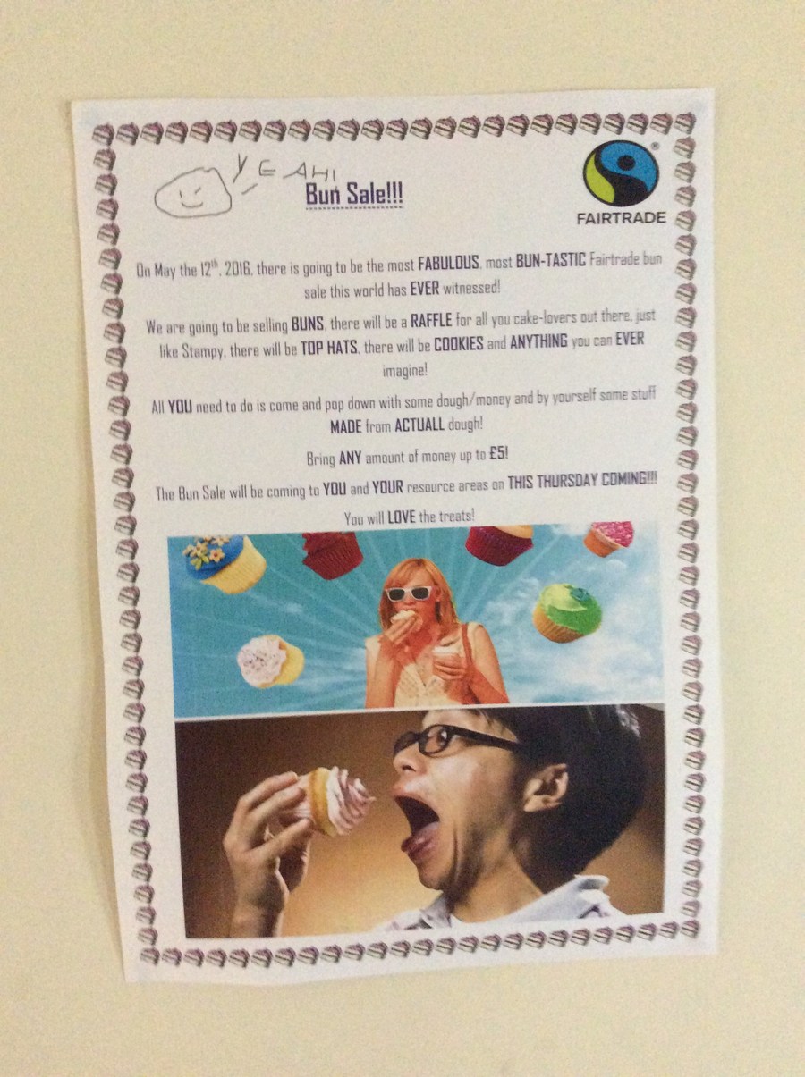 Advertising to promote the Fairtrade bun sale.