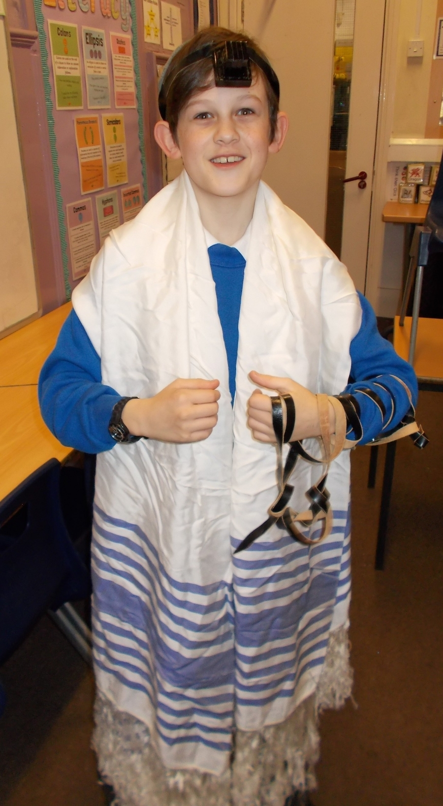 Wearing the tefillin, kippah and prayer shawl