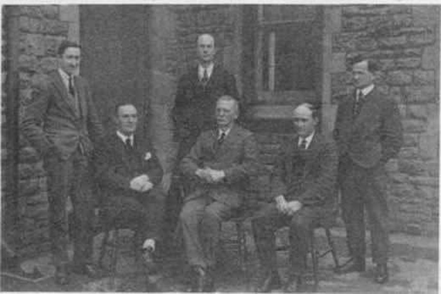 The Boys School Staff. Left to right.Mr Randall, Mr Adams, Mr Colborne, Mr C. Stote, Mr Williams, Mr Hanson. 24th March, 1925.